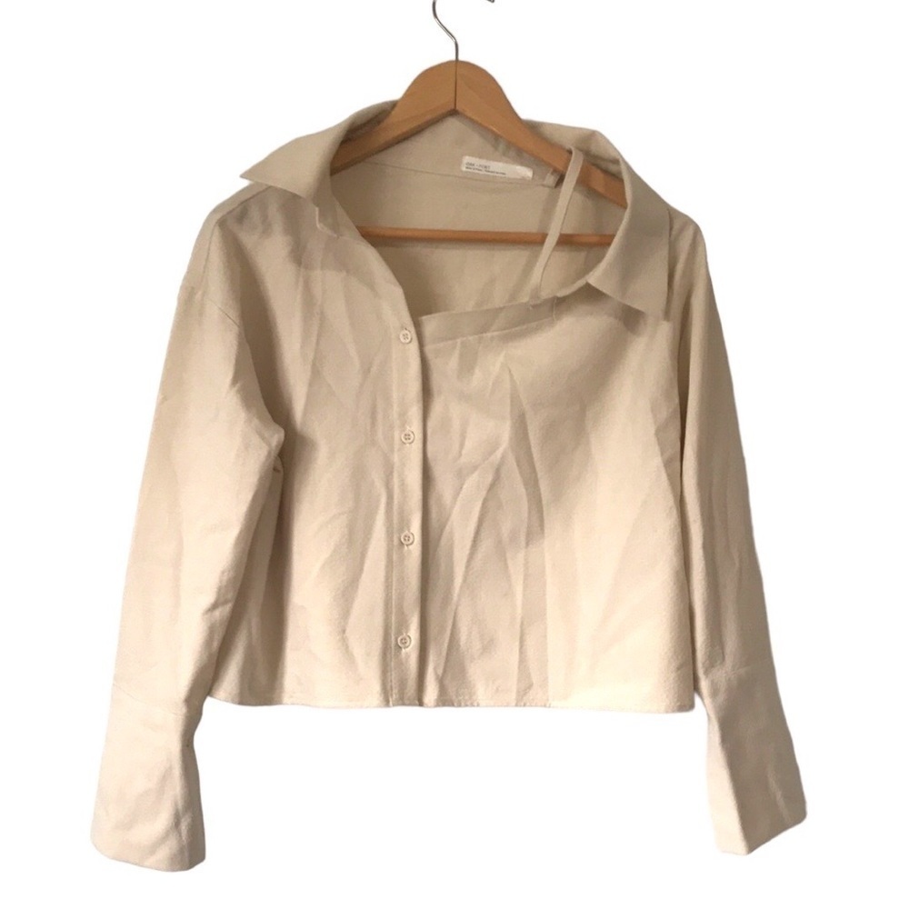Oak + Fort beige asymmetrical button down long sleeve shirt size XS oversized